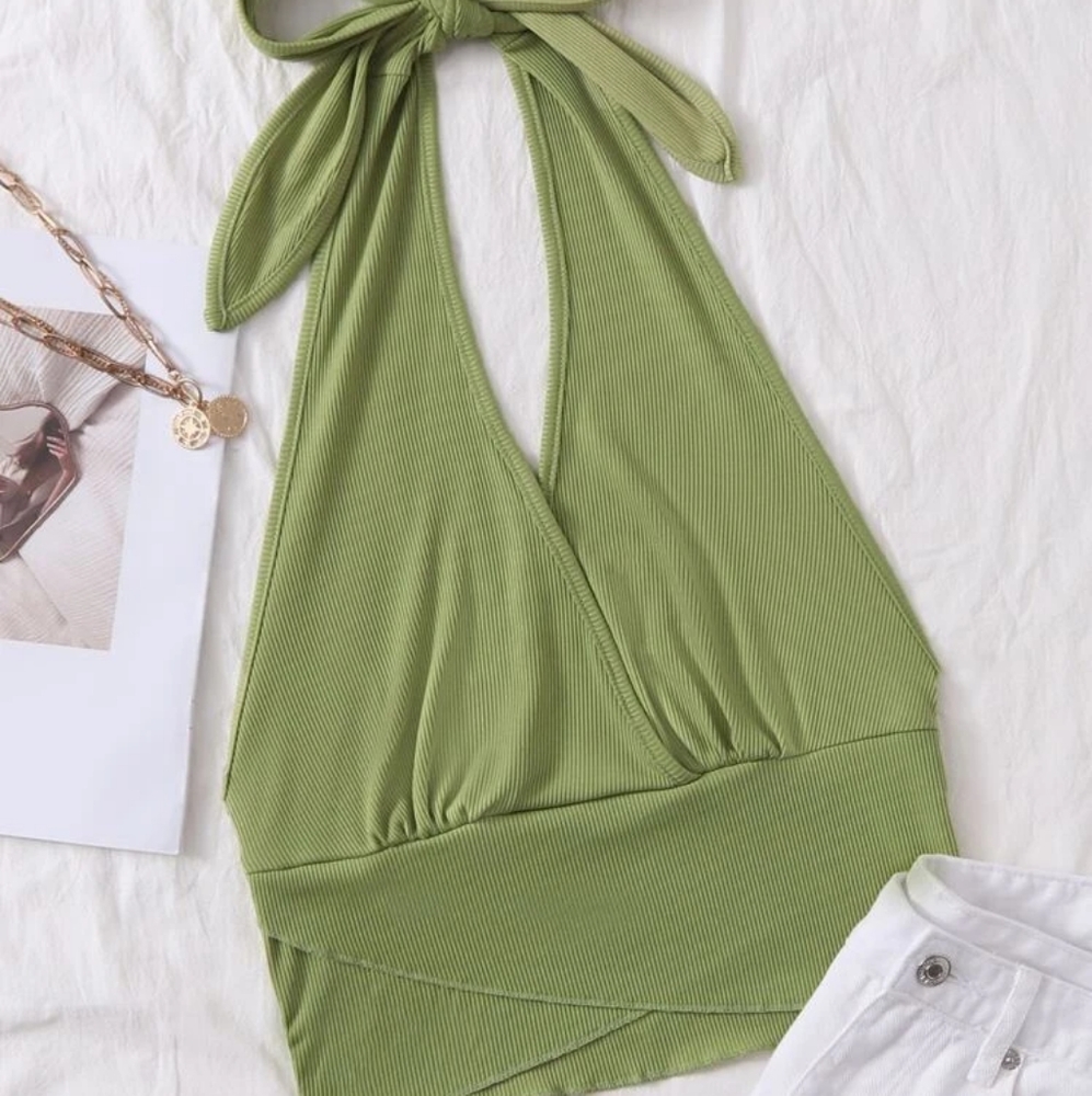 Wrap Cross Tied Backless Rib Knit Halter Crop Top
